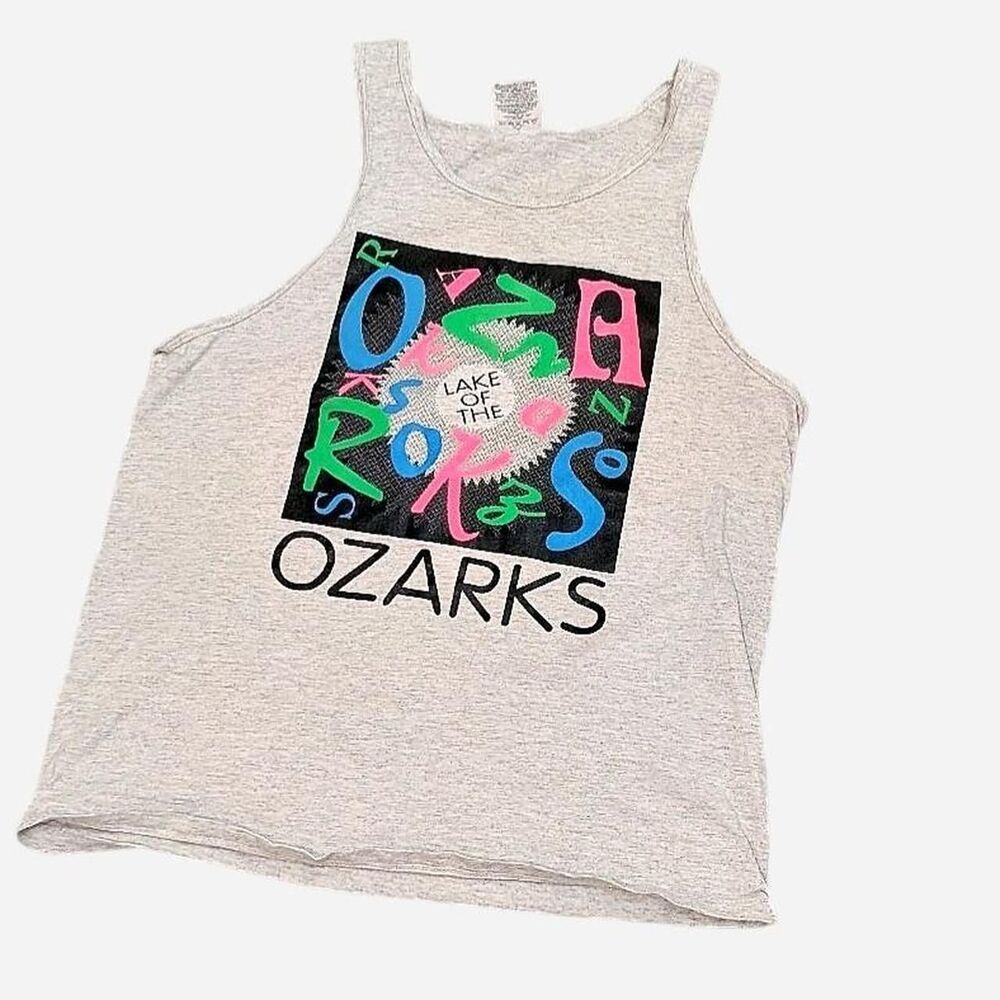 Vintage 90s Neon Lake of the Ozarks Souvenir Tank Top Grey Medium USA Made